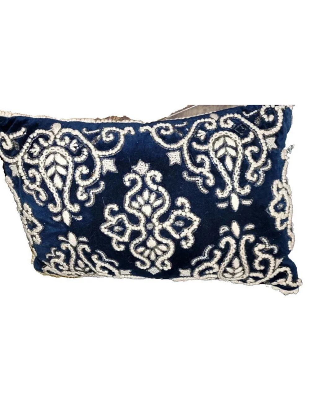 BLUE VELVET SILVER BEADING DETAIL RECTANGULAR THROW PILLOW